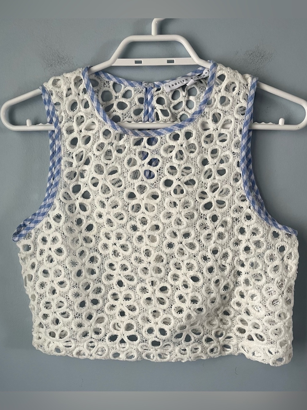 English Factory White Eyelet Cropped Shell Tank Blue Gingham Trim Size S